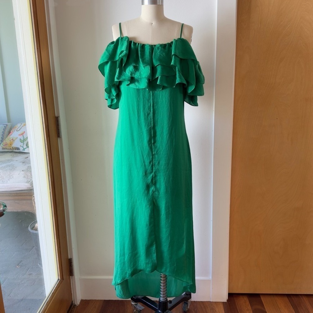 Maje Rovanta Ruffled Satin Cold-shoulder Slip Midi Dress-Green-Sz 3 (Large)